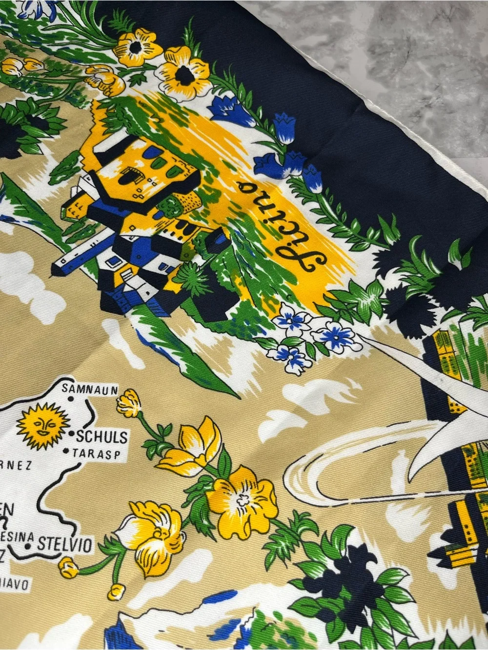 Vintage Map Print Silk Scarf in Navy, Yellow & Green